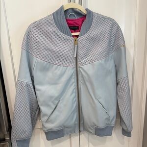 Topshop Light Blue Perforated Faux Leather Bomber Jacket